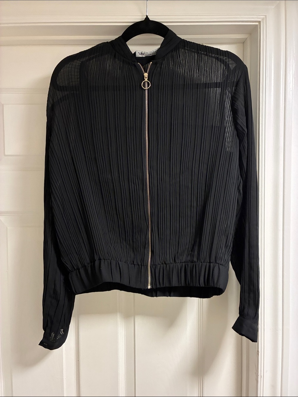 Zara Black Pleated Sheer Bomber with Gold Zip